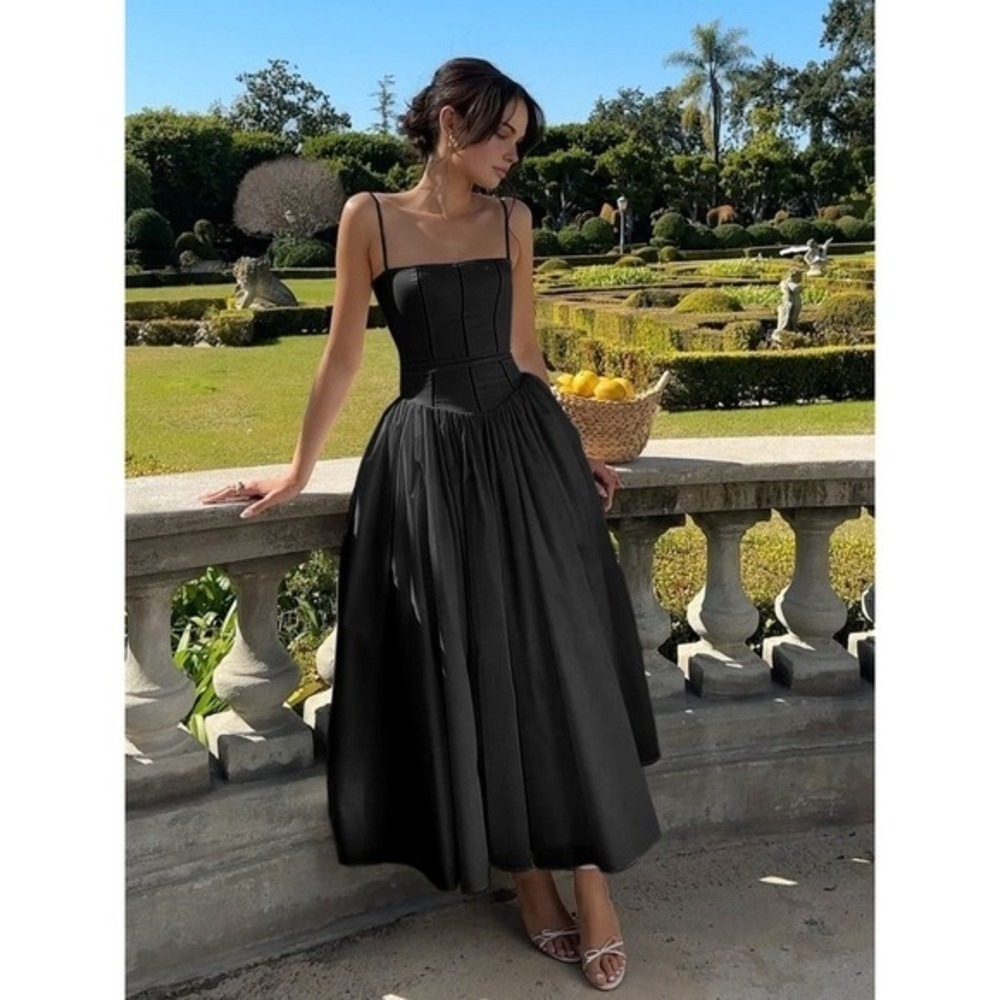 Commense Black Midi Dress Sleeveless Fit and Flare Party Cocktail Dress S